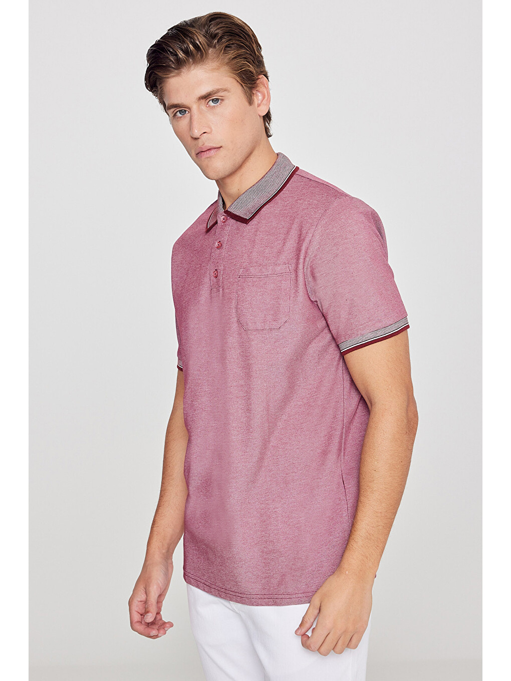 Erkek Bordo Pamuklu Comfort Fit Rahat Kesim Polo Yaka Cepli Tişört-1