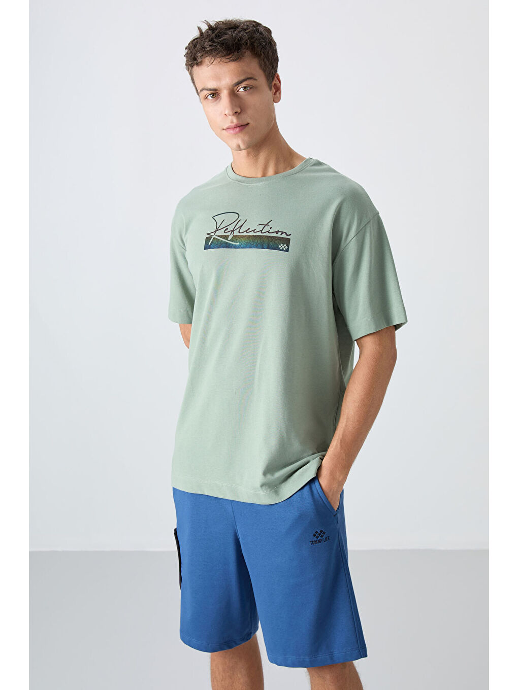 Açık Yeşil Pamuklu Kalın Yumuşak Dokulu Oversize Fit Baskılı Erkek Tişört - 88334