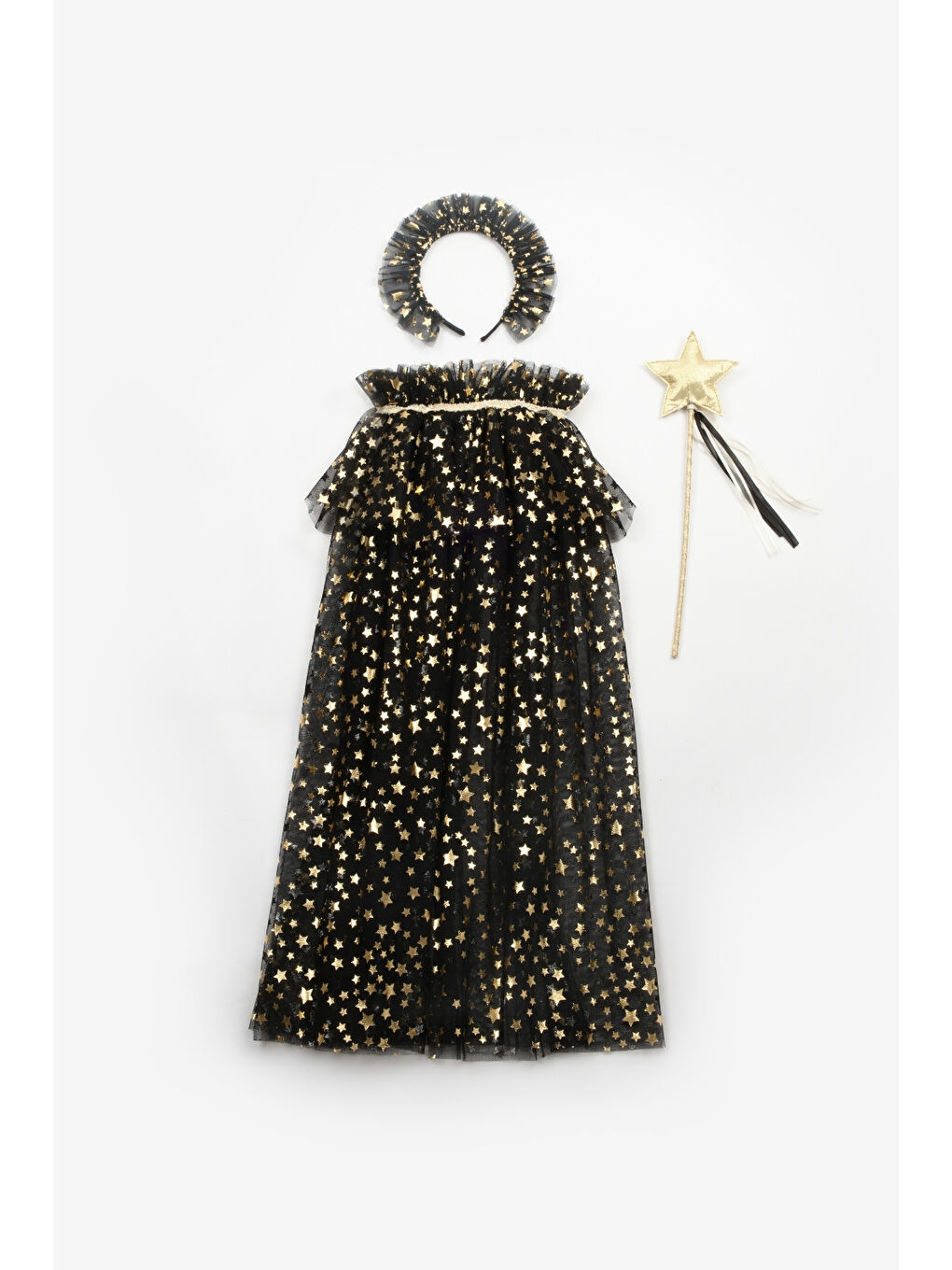 Siyah Kız Çocuk Yıldızlı Pelerin Asa ve Taç Set-1