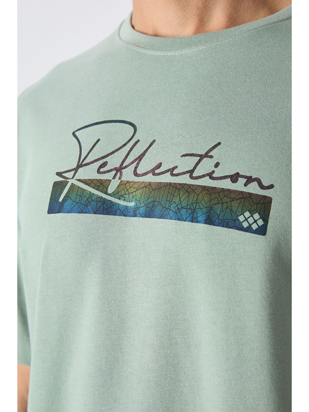 Açık Yeşil Pamuklu Kalın Yumuşak Dokulu Oversize Fit Baskılı Erkek Tişört - 88334-2