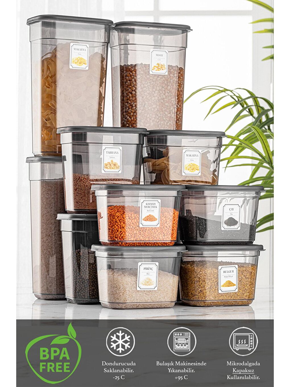 Antrasit 12'li Etiketli Mega Dikdörtgen Saklama Kabı Mikrodalga ve Difriz Uyumlu 4x(1,3 Lt-2 Lt-3,2 Lt)-1