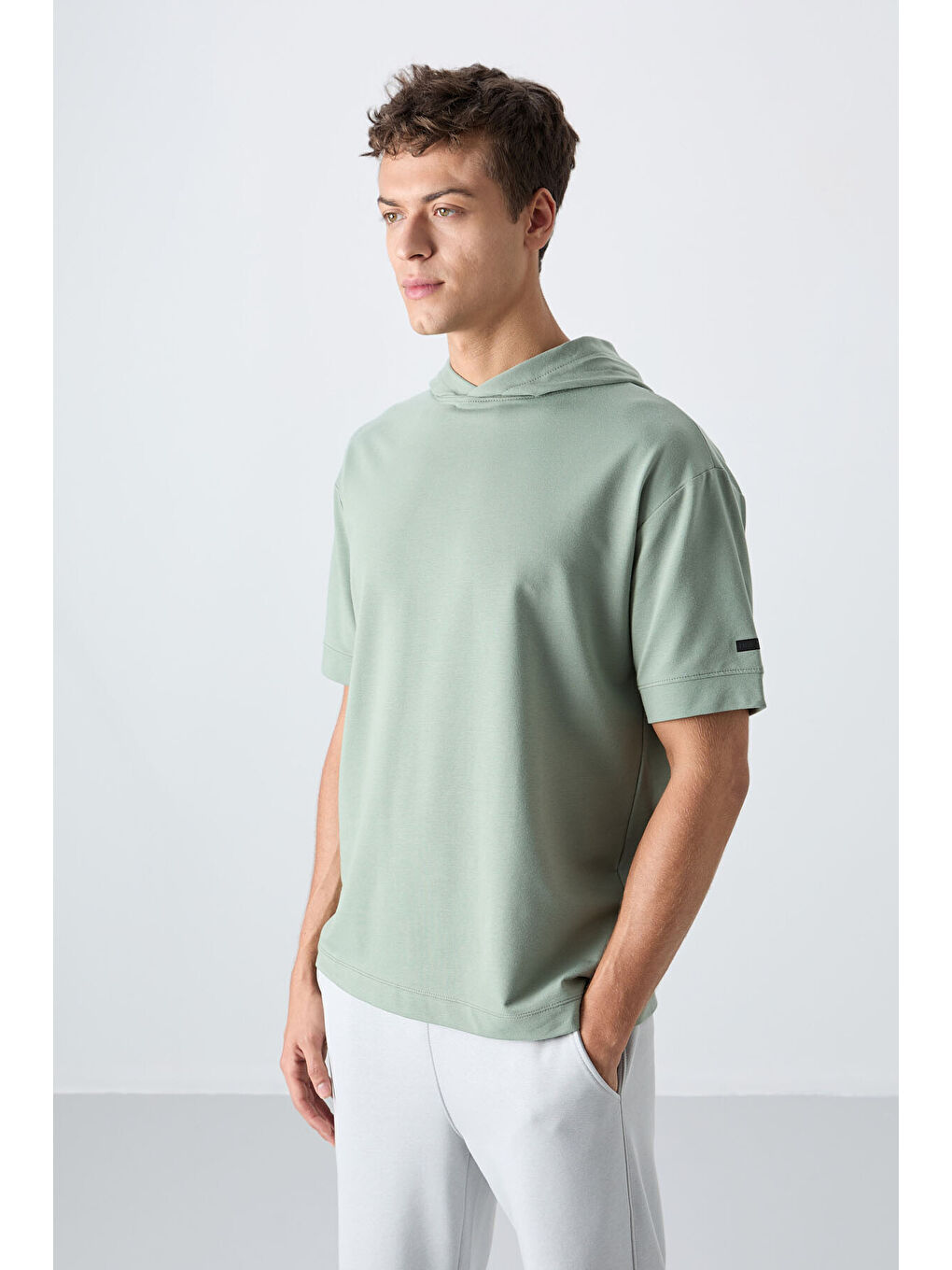 Açık Yeşil Pamuklu Kalın Yumuşak Dokulu Oversize Fit Basic Erkek Tişört - 88352-1