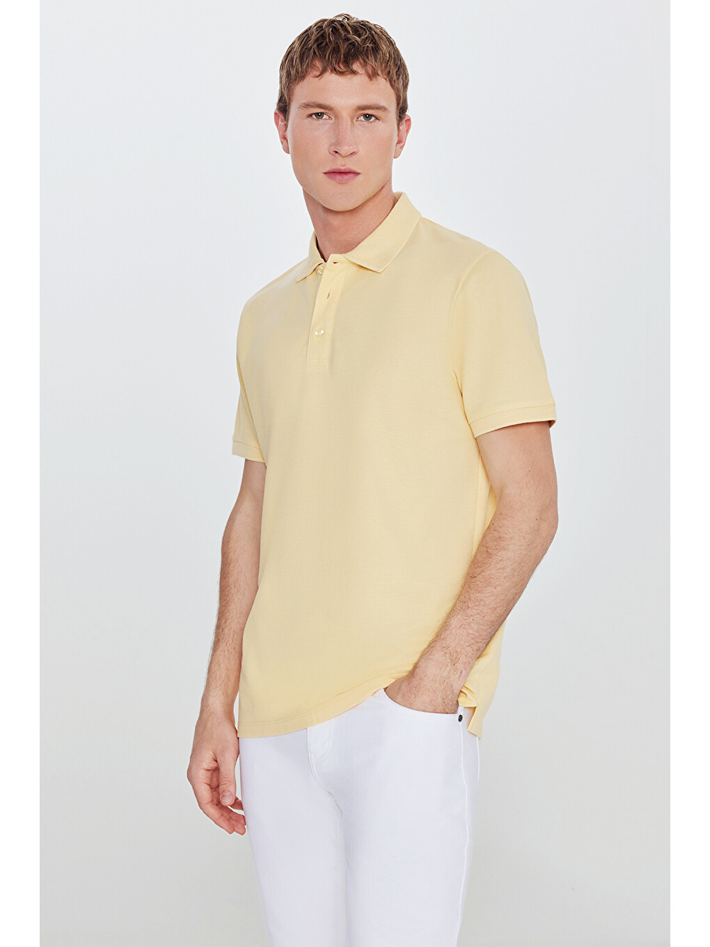 Erkek Sarı Slim Fit Dar Kesim Polo Yaka %100 Pamuk Kısa Kollu Tişört-7