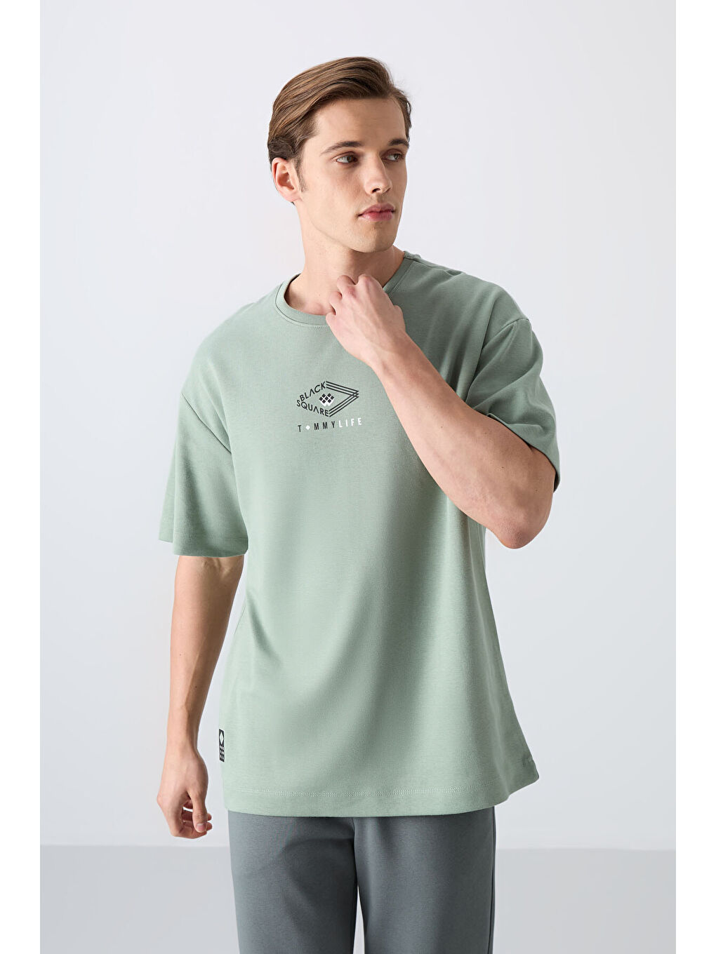 Açık Yeşil Pamuklu Kalın Yumuşak Dokulu Oversize Fit Baskılı Erkek Tişört - 88325