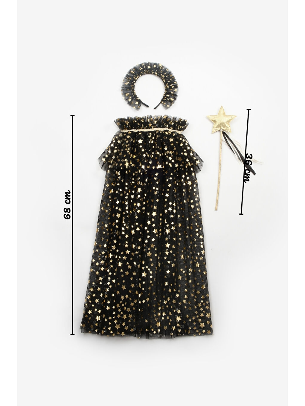Siyah Kız Çocuk Yıldızlı Pelerin Asa ve Taç Set-3