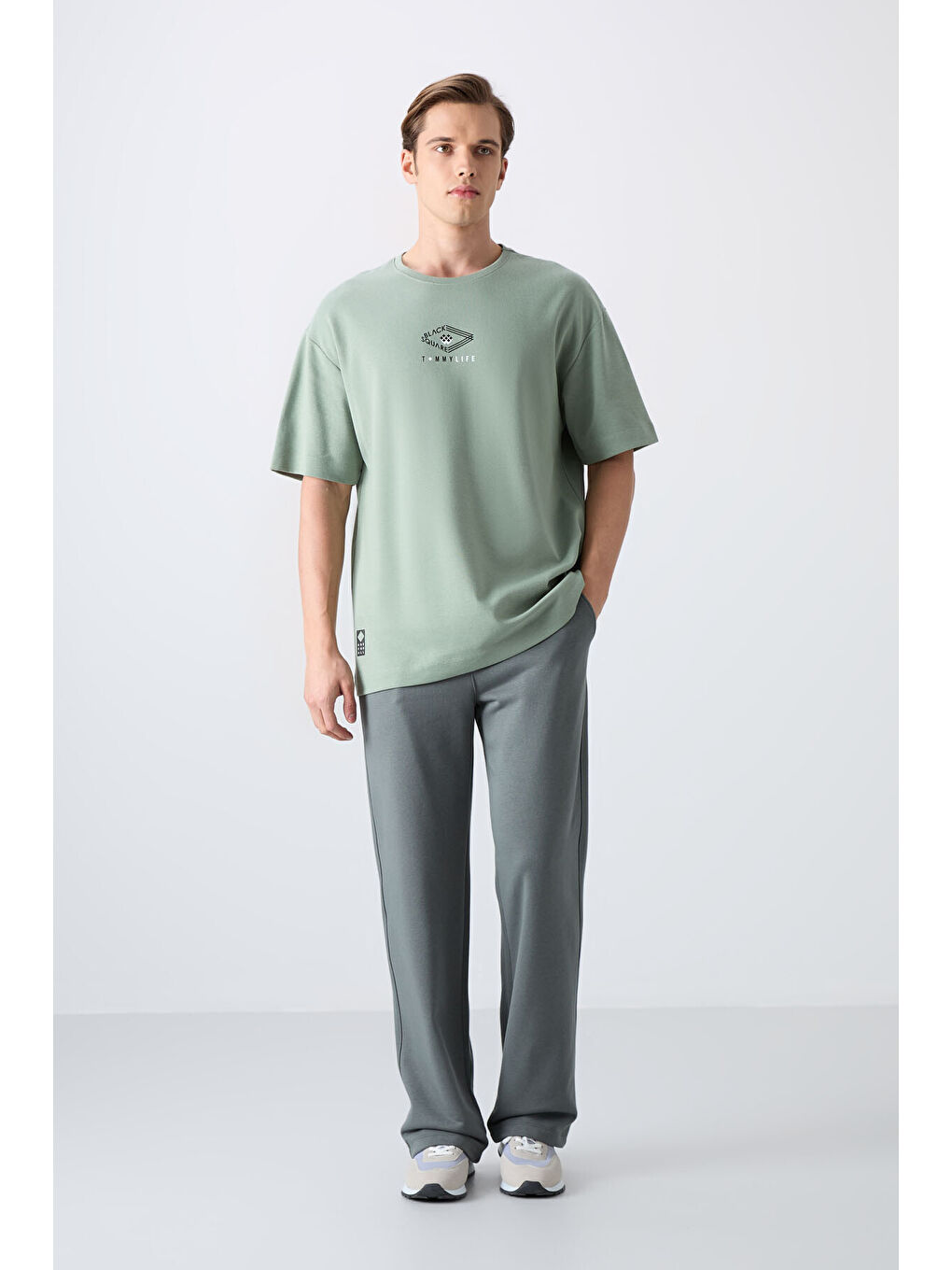 Açık Yeşil Pamuklu Kalın Yumuşak Dokulu Oversize Fit Baskılı Erkek Tişört - 88325-1