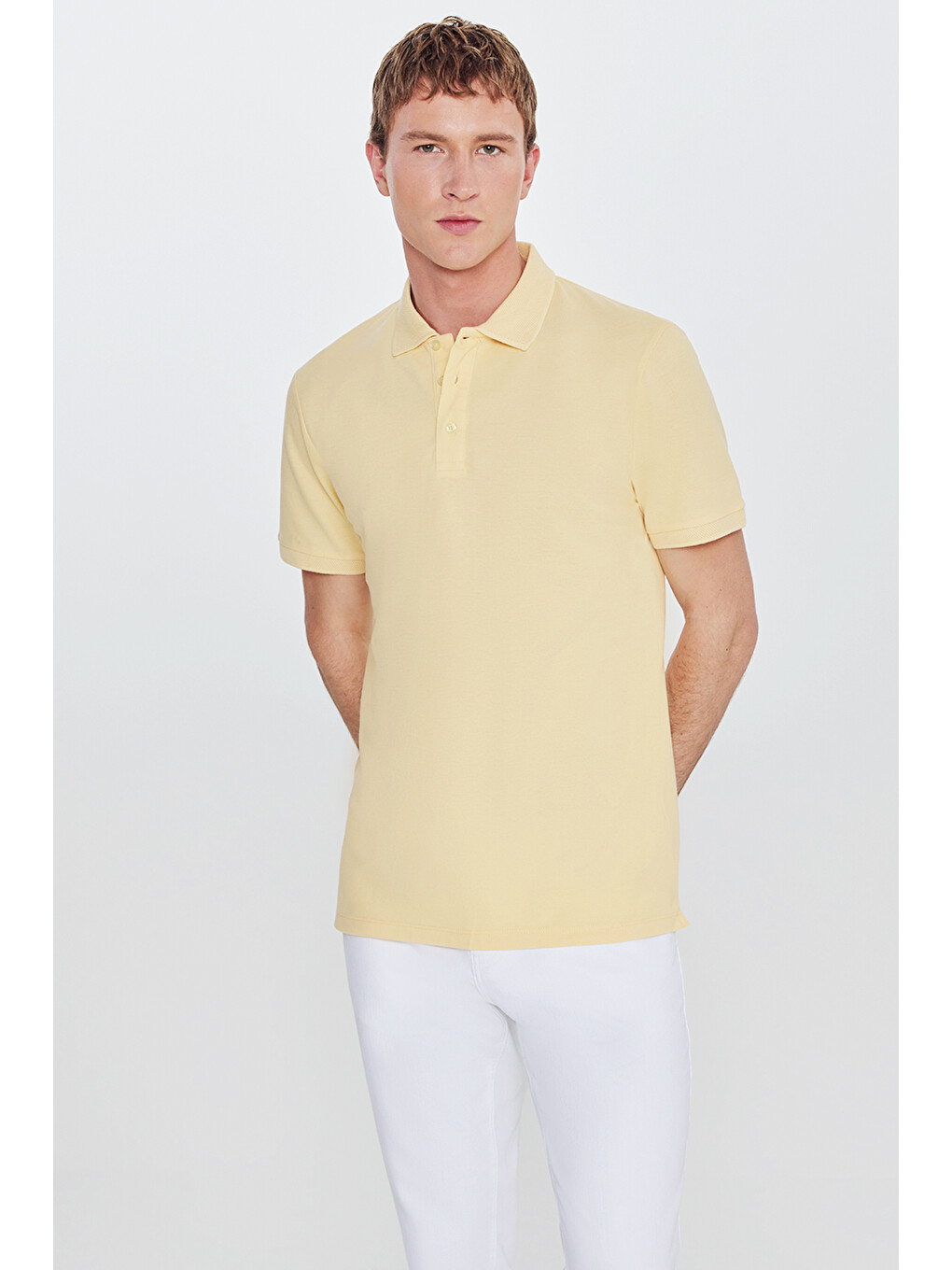 Erkek Sarı Slim Fit Dar Kesim Polo Yaka %100 Pamuk Kısa Kollu Tişört-9