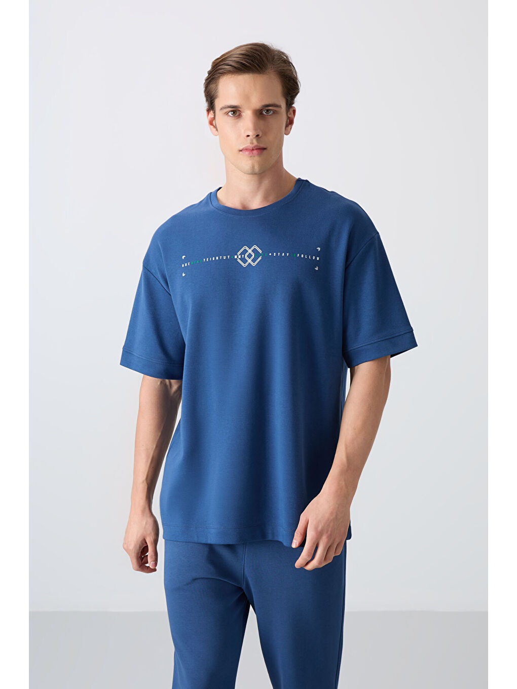 Mavi Pamuklu Kalın Yumuşak Dokulu Oversize Fit Baskılı Erkek Tişört - 88323