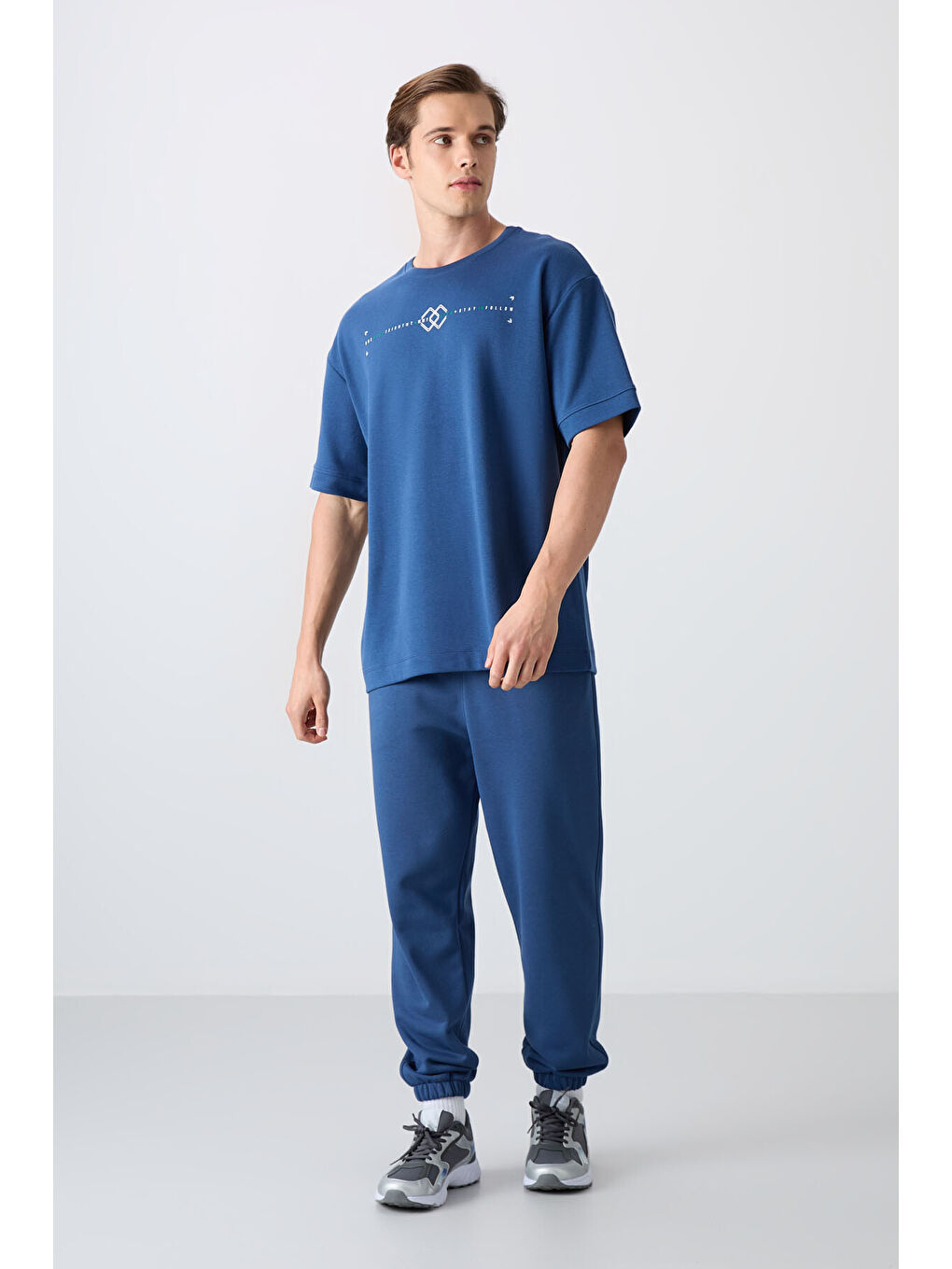 Mavi Pamuklu Kalın Yumuşak Dokulu Oversize Fit Baskılı Erkek Tişört - 88323-1