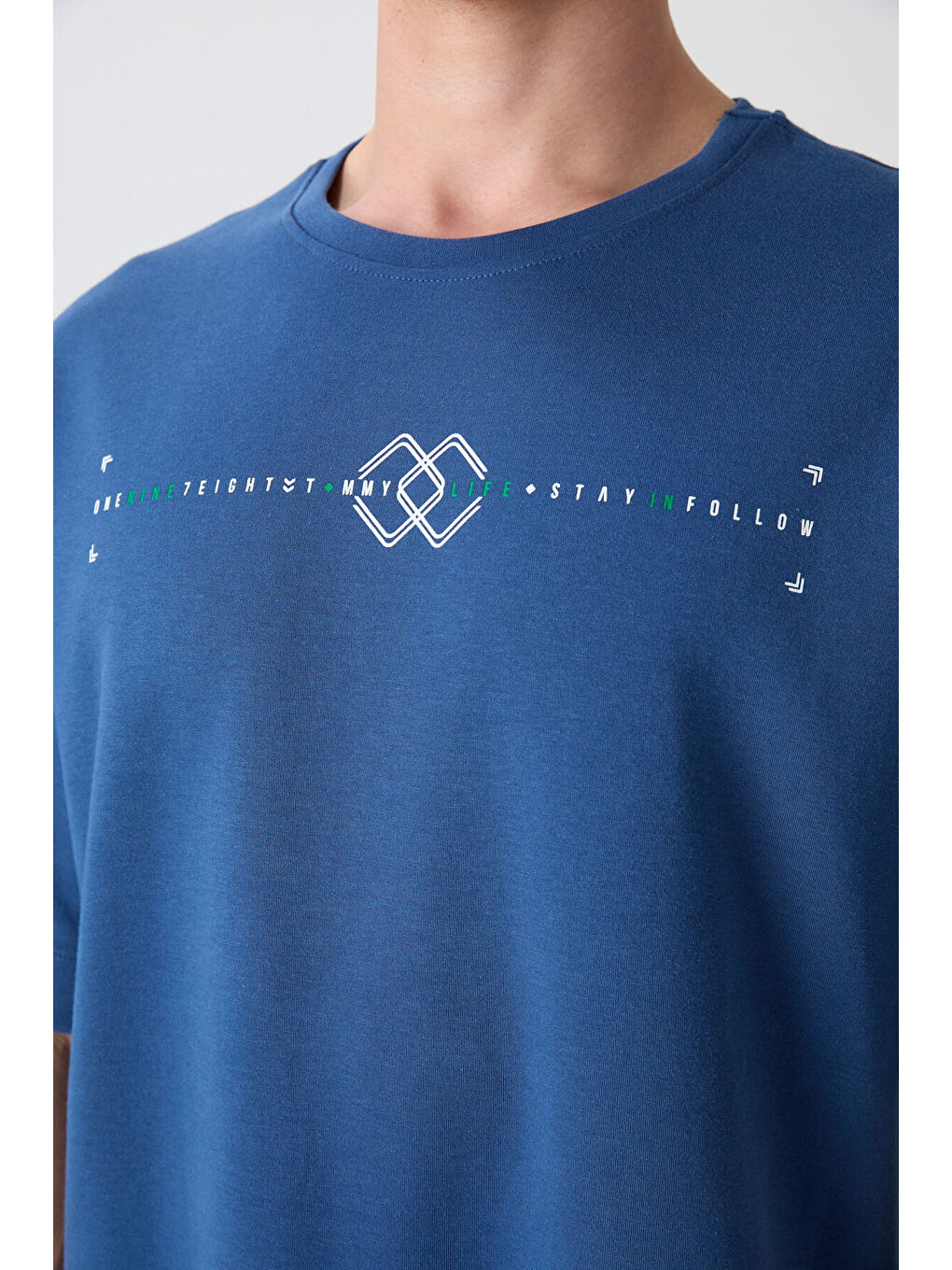 Mavi Pamuklu Kalın Yumuşak Dokulu Oversize Fit Baskılı Erkek Tişört - 88323-2