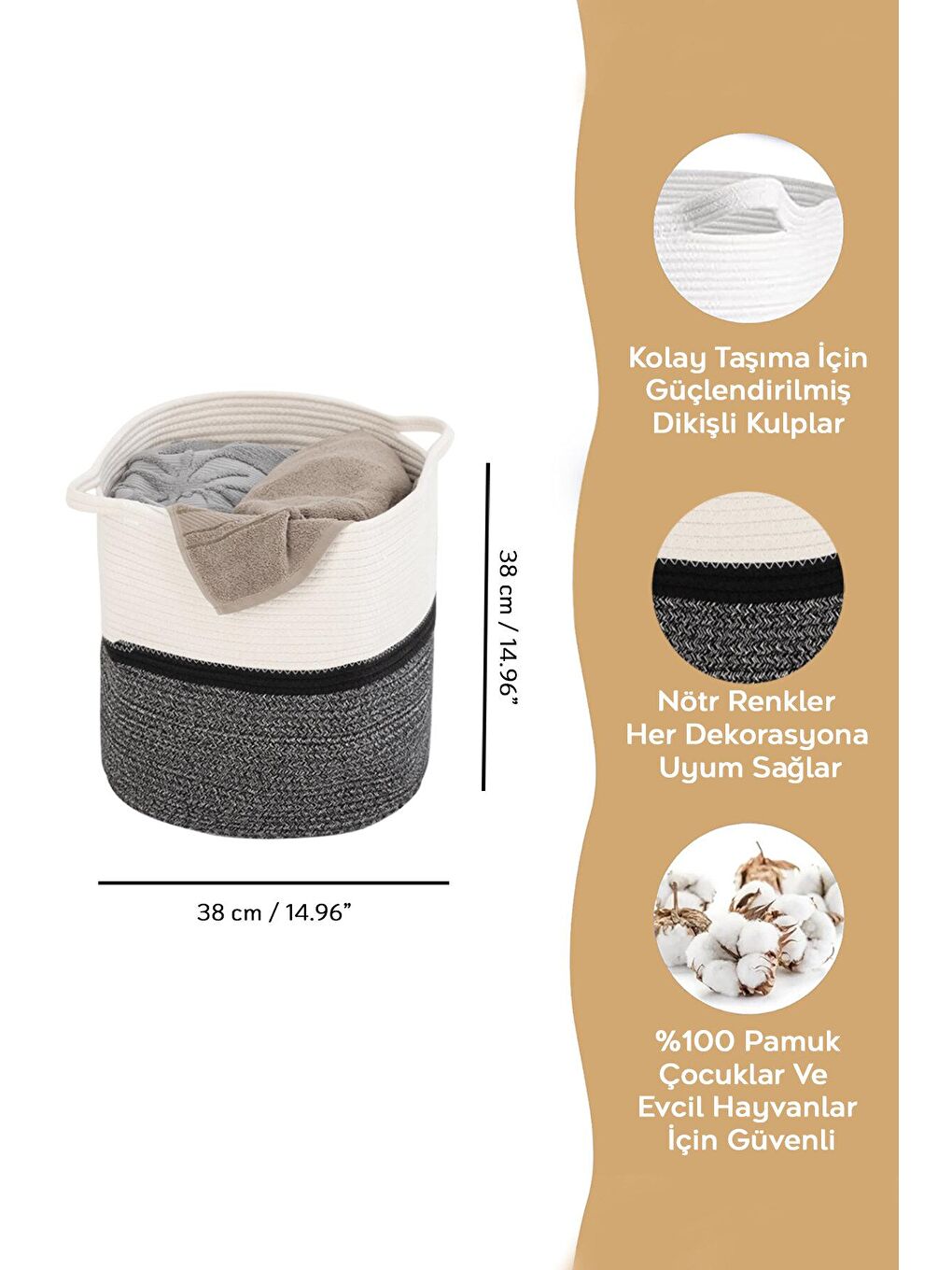 Gri Pamuk Halat Kulplu Çamaşır Sepeti-4