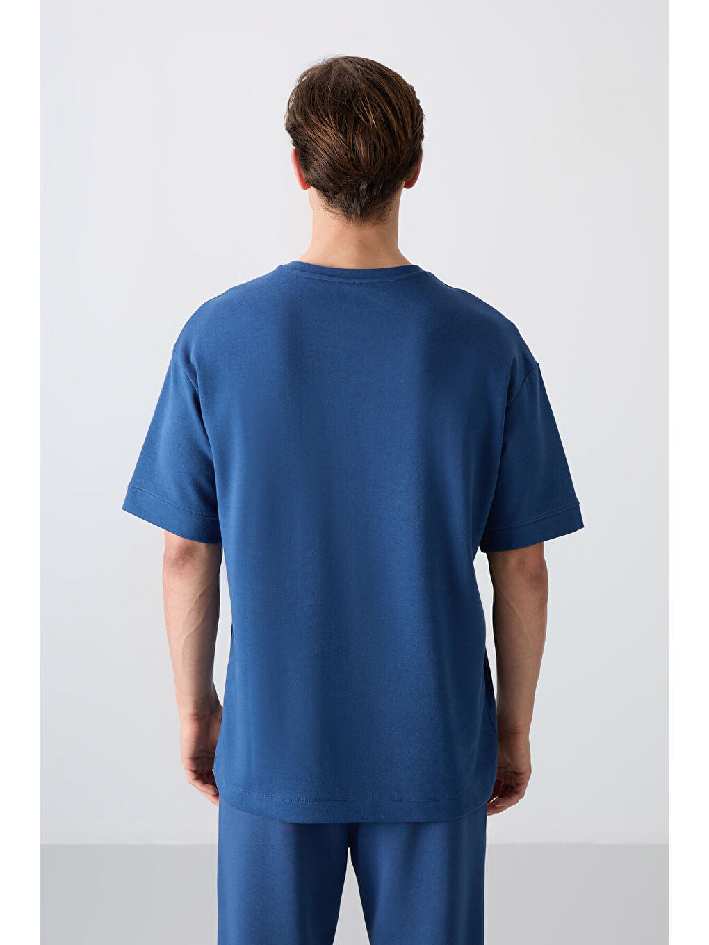 Mavi Pamuklu Kalın Yumuşak Dokulu Oversize Fit Baskılı Erkek Tişört - 88323-4