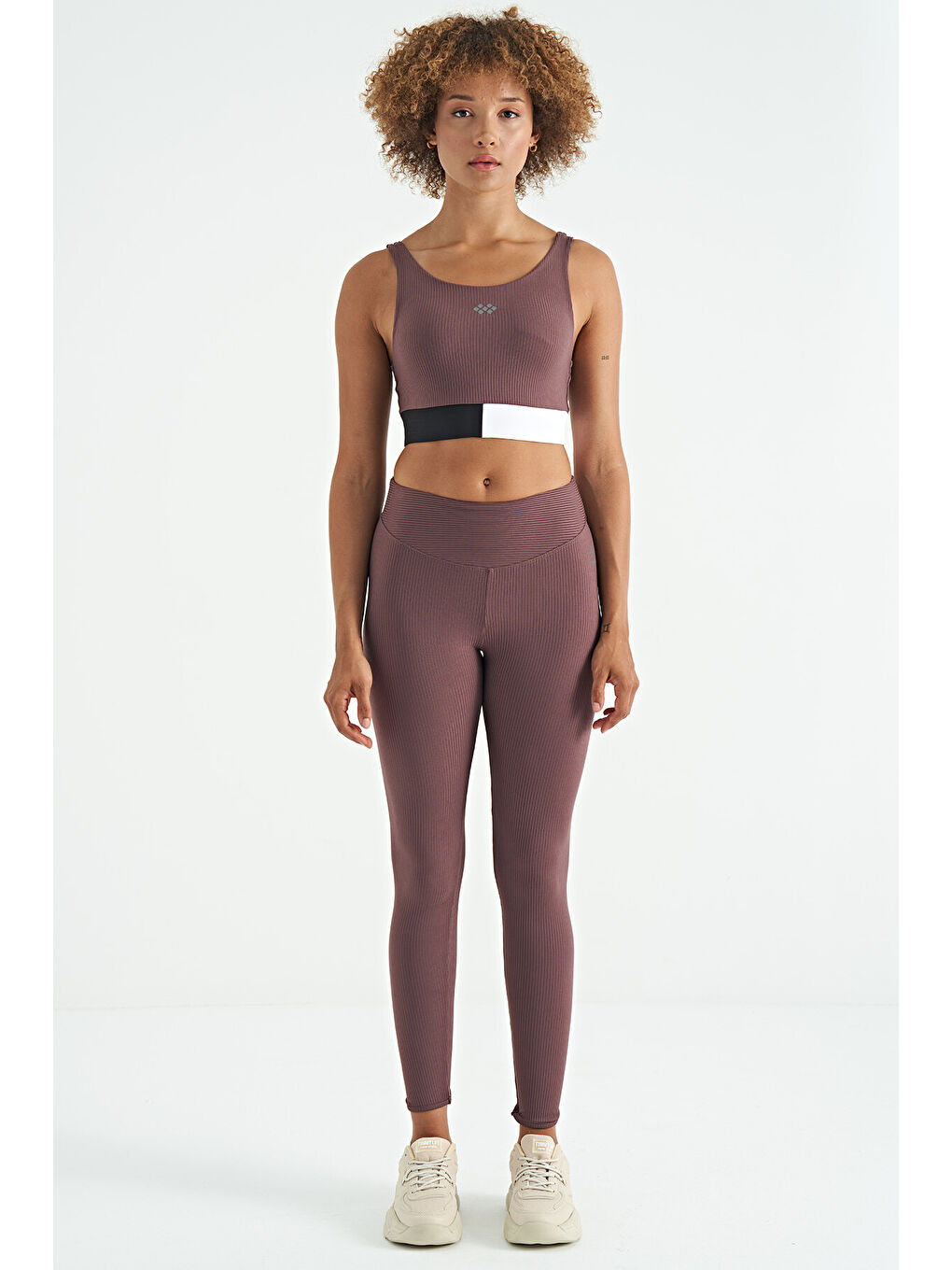 Kahverengi Renk Bloklu Logo Baskılı Dar Kalıp Fitilli Kadın Büstiyer - 97275-1