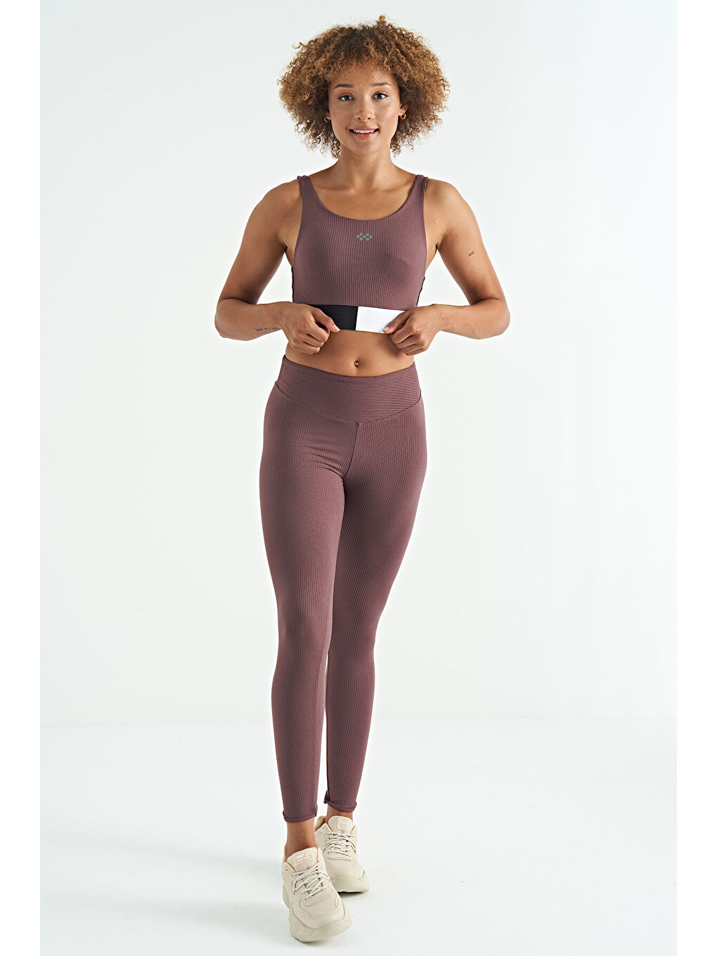 Kahverengi Renk Bloklu Logo Baskılı Dar Kalıp Fitilli Kadın Büstiyer - 97275-2