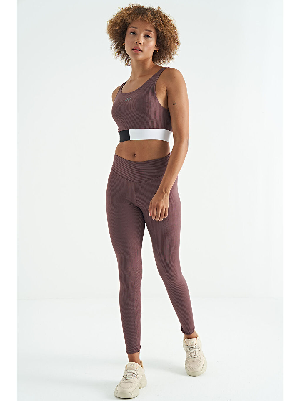 Kahverengi Renk Bloklu Logo Baskılı Dar Kalıp Fitilli Kadın Büstiyer - 97275-4