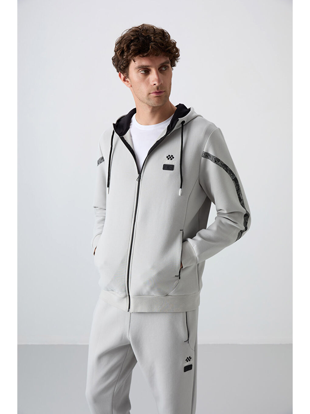 Bej Taş Pamuklu Kalın Yumuşak Dokulu Comfort Fit Baskılı Erkek Eşofman Takım - 85236-2