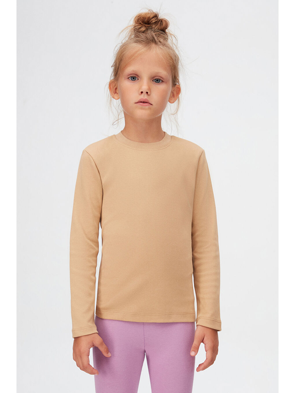 Kahverengi Sütlü Kahve Basic Kışlık Sıfır Yaka Uzun Kollu Kız Çocuk Tişört-1
