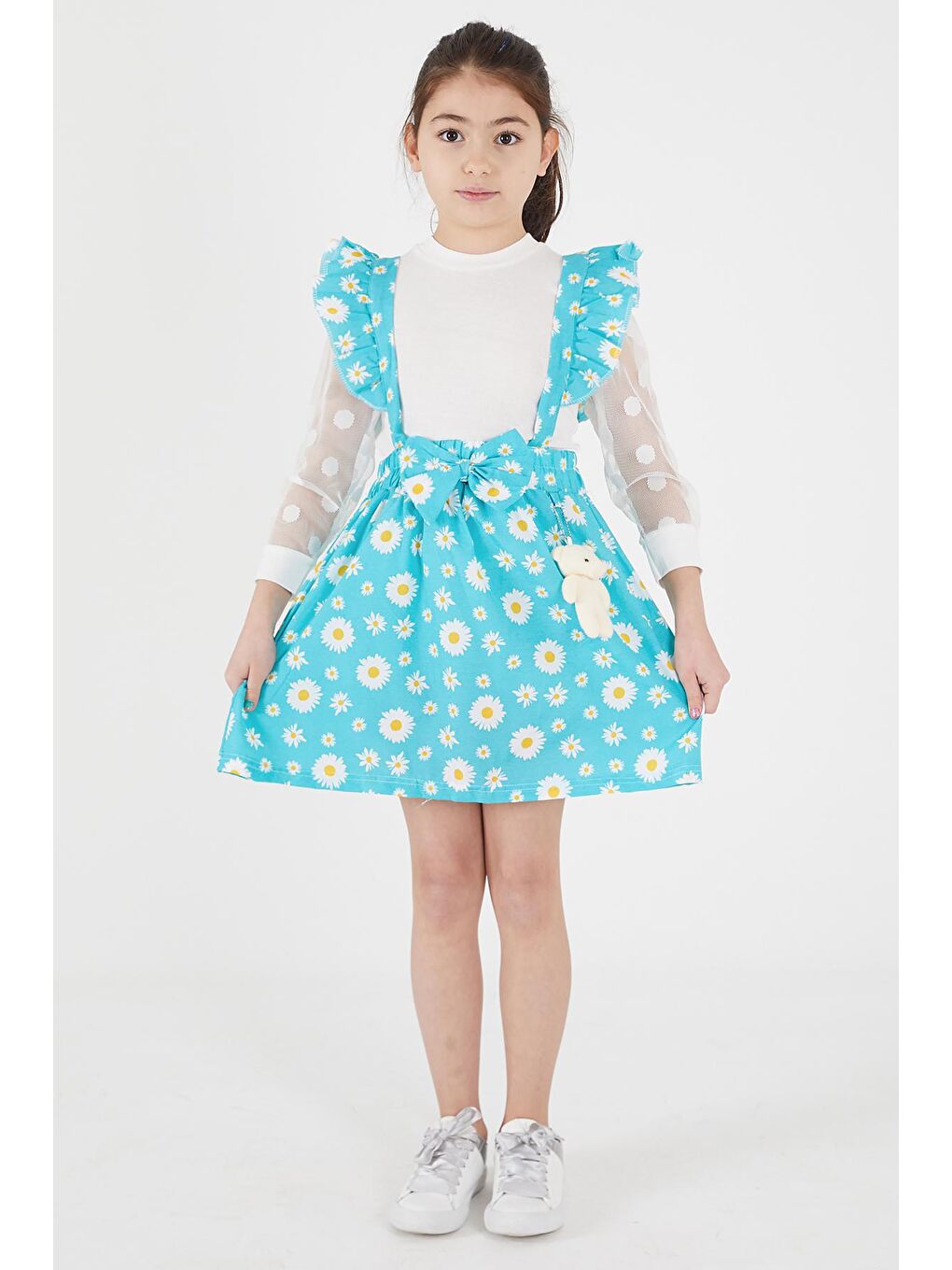 Turkuaz Papatya Desenli Tüllü Salopet Elbise Takımı 15053-1