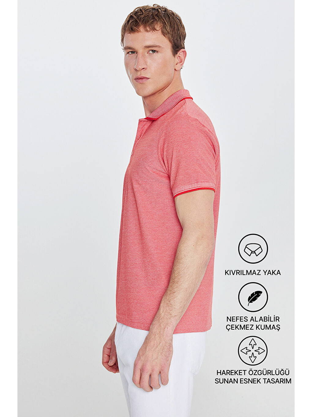 Kırmızı Erkek Nar Çiçeği-Beyz Slim Fit Dar Kesim Kıvrılmaz Polo Yaka Kısa Kollu Tişört-1