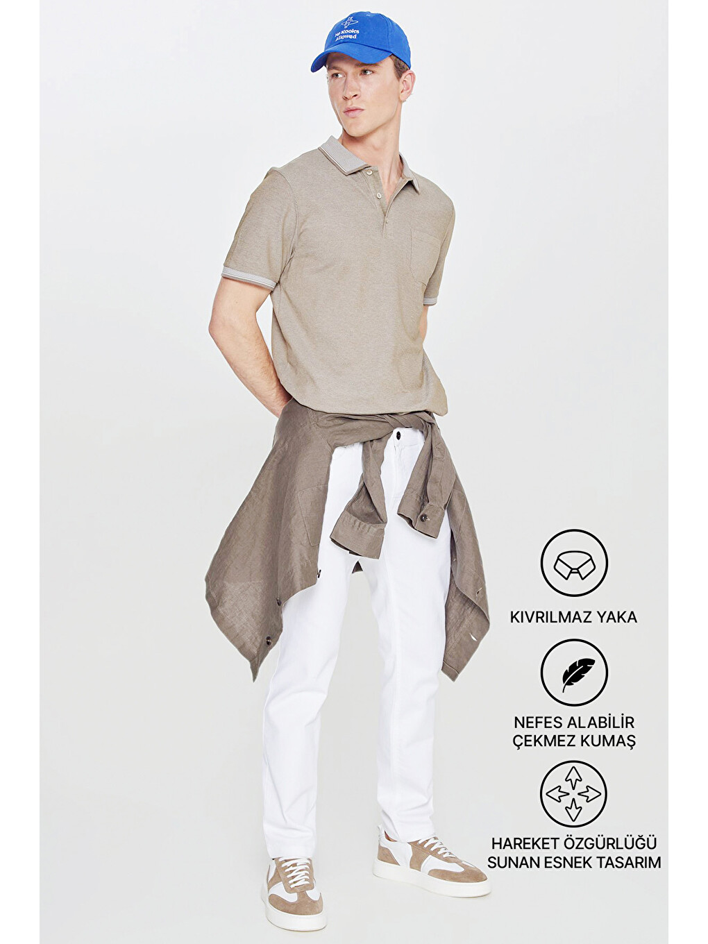Erkek Nefti-Beyaz Pamuklu Comfort Fit Rahat Kesim Polo Yaka Cepli Tişört
