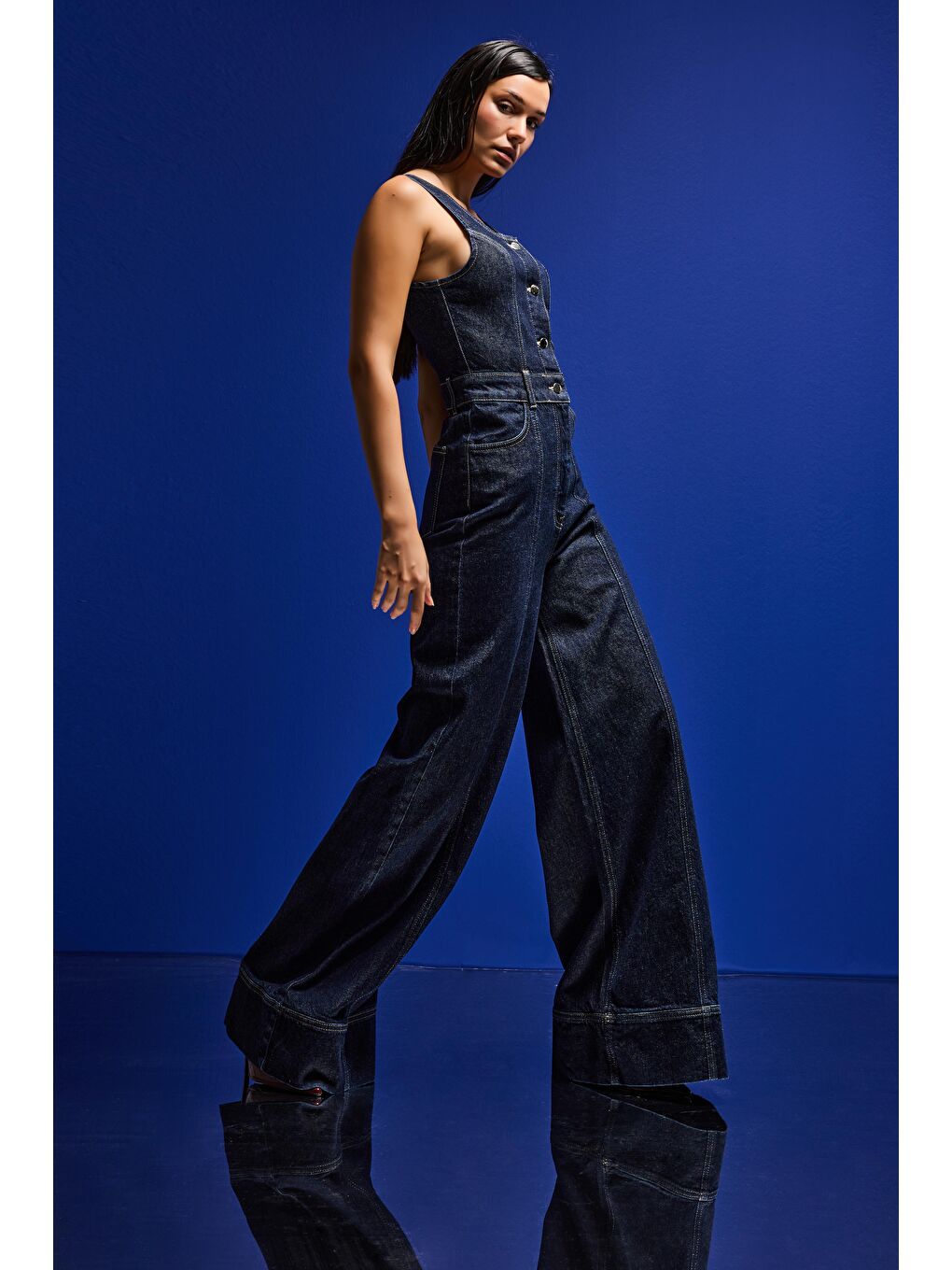 Kadın İndigo Renk 7S6-50 Palazzo Fit %100 Pamuk Denim Salopet Tulum-2