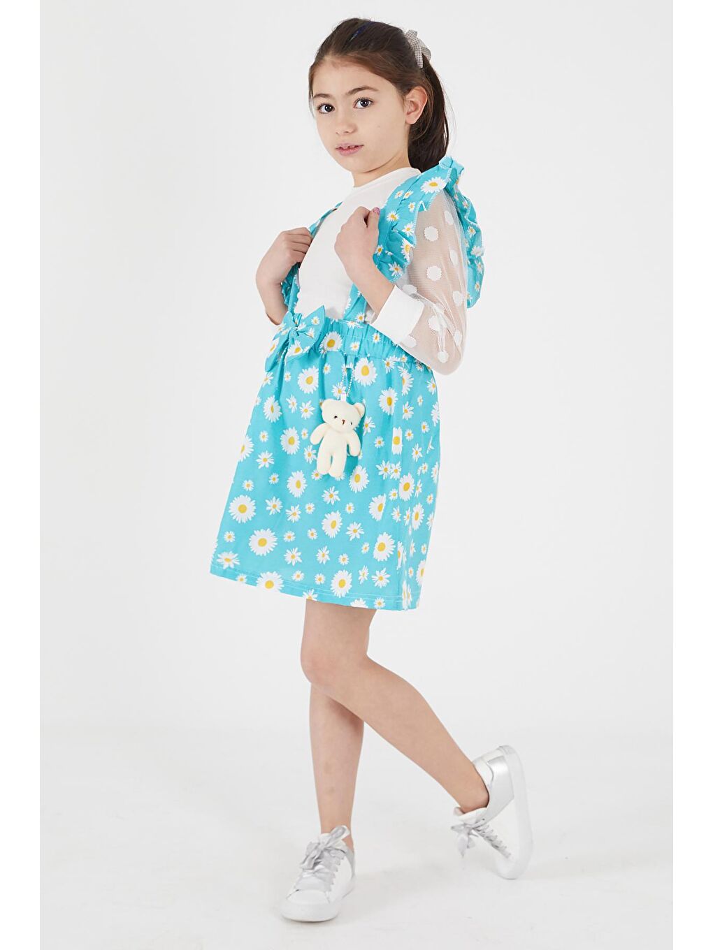 Turkuaz Papatya Desenli Tüllü Salopet Elbise Takımı 15053-3