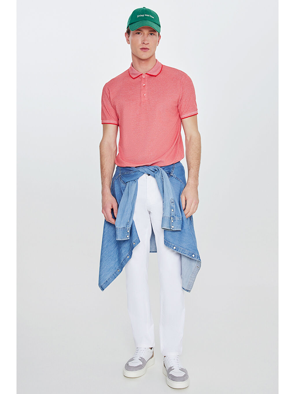 Kırmızı Erkek Nar Çiçeği-Beyz Slim Fit Dar Kesim Kıvrılmaz Polo Yaka Kısa Kollu Tişört-3