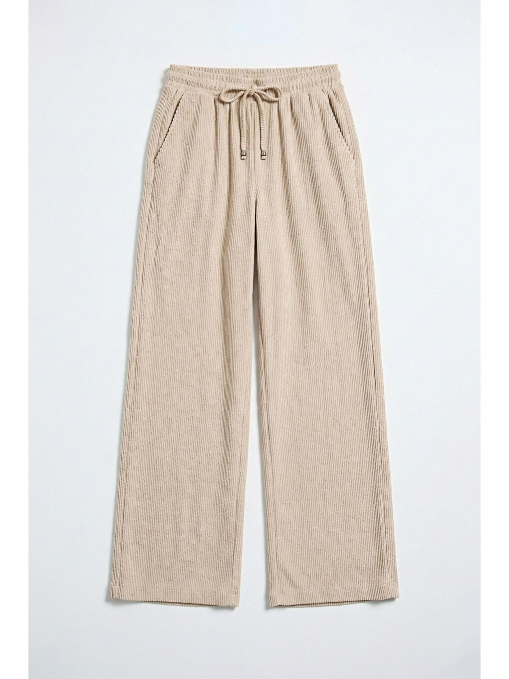 Bej Kadın Taş Renk Palazzo Fit Fitilli Kadife Kumaş Yürüyüş Pantolonu-4