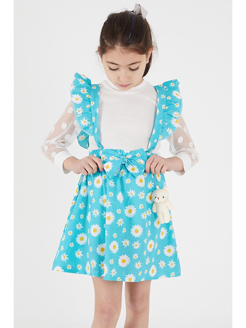 Turkuaz Papatya Desenli Tüllü Salopet Elbise Takımı 15053-4