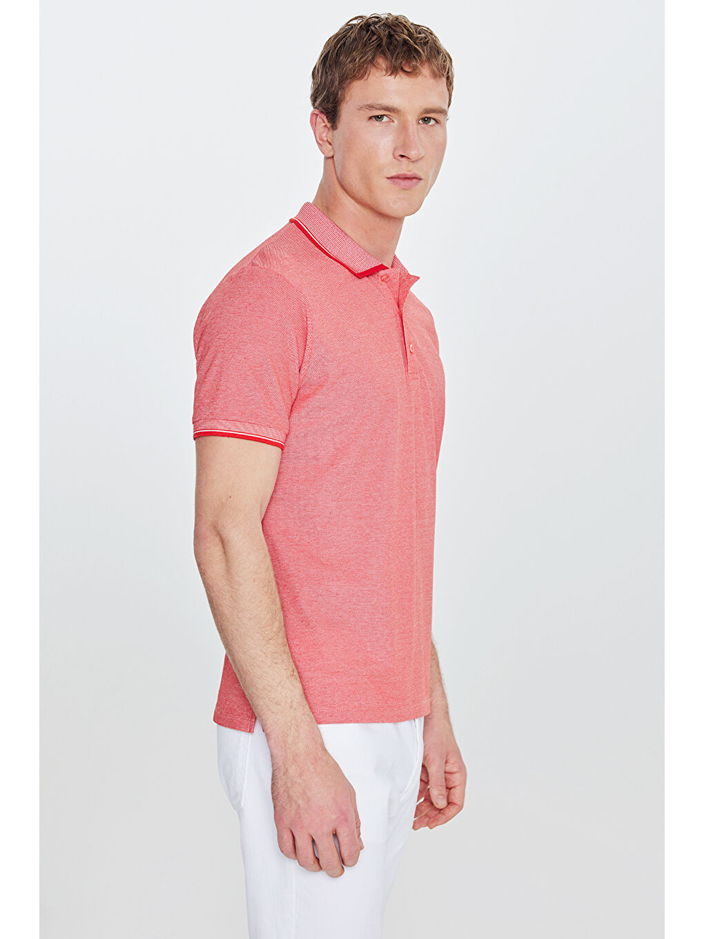 Kırmızı Erkek Nar Çiçeği-Beyz Slim Fit Dar Kesim Kıvrılmaz Polo Yaka Kısa Kollu Tişört-4