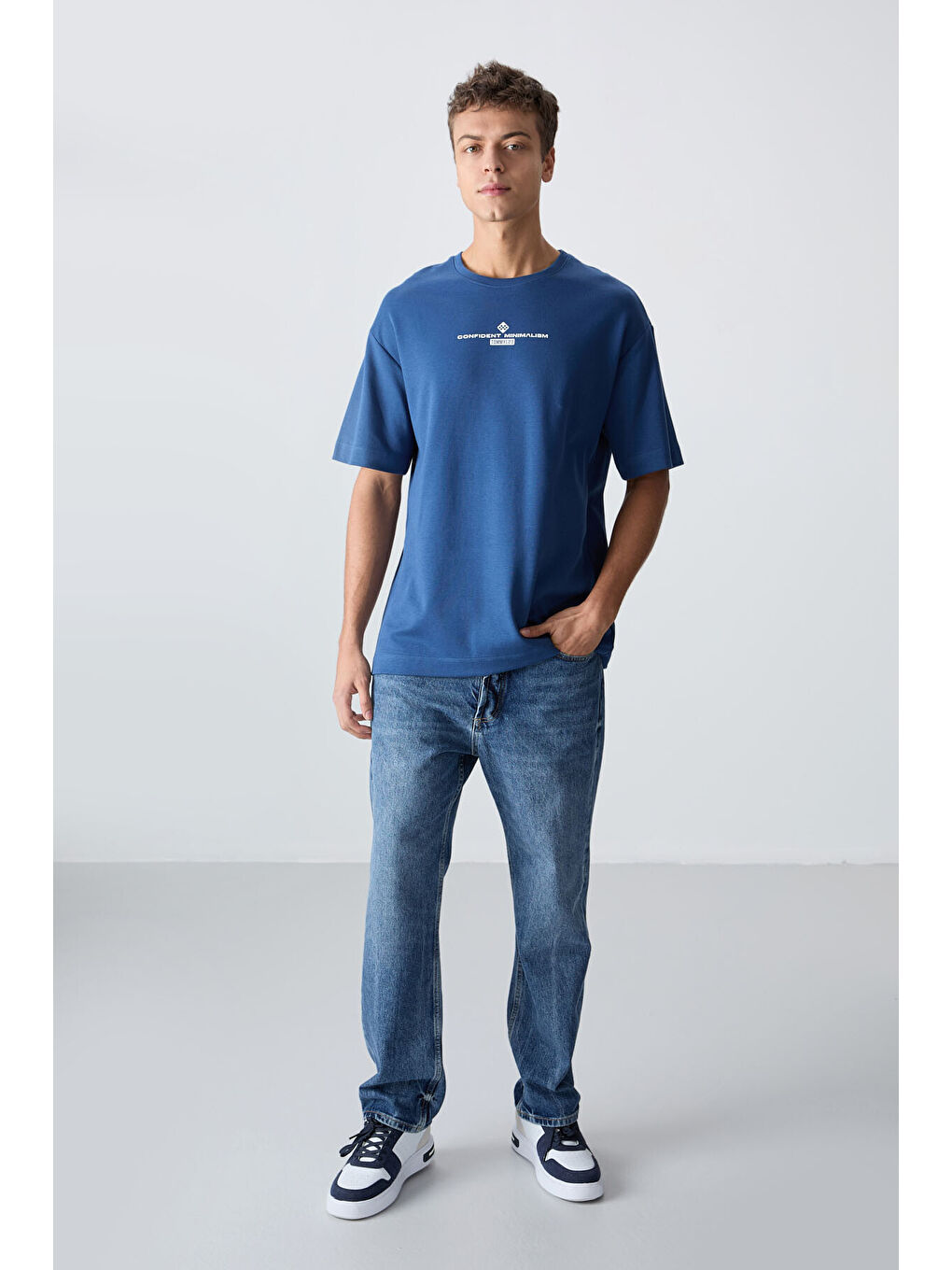 Mavi Pamuklu Kalın Yumuşak Dokulu Oversize Fit Baskılı Erkek Tişört - 88321-1