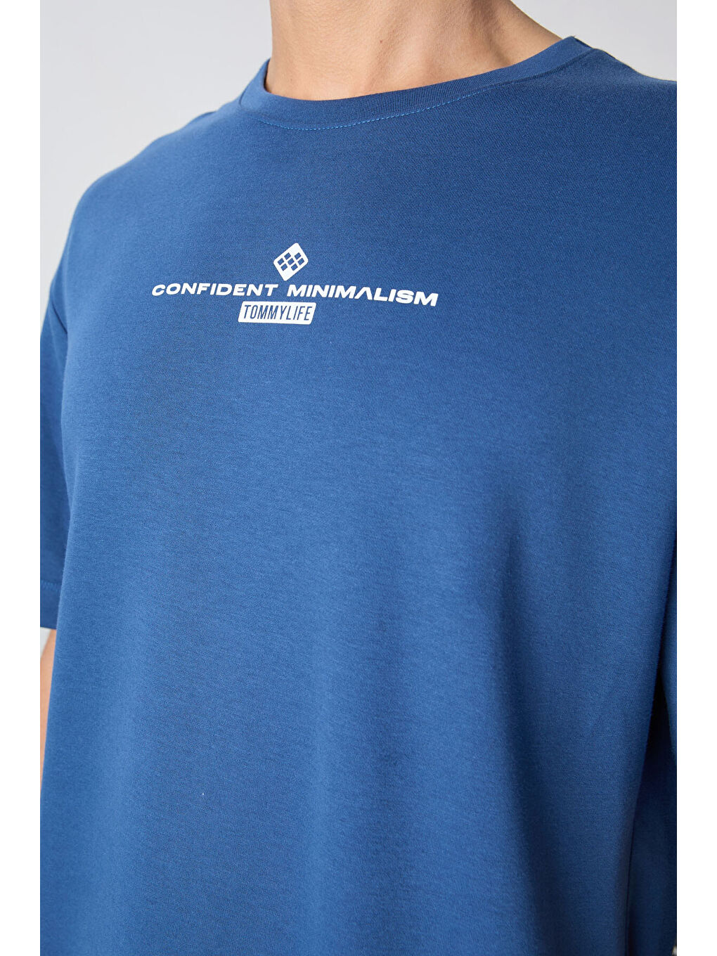 Mavi Pamuklu Kalın Yumuşak Dokulu Oversize Fit Baskılı Erkek Tişört - 88321-2