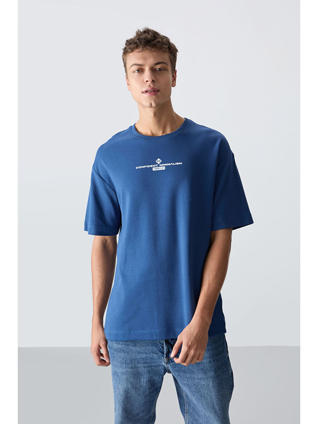 Mavi Pamuklu Kalın Yumuşak Dokulu Oversize Fit Baskılı Erkek Tişört - 88321-3