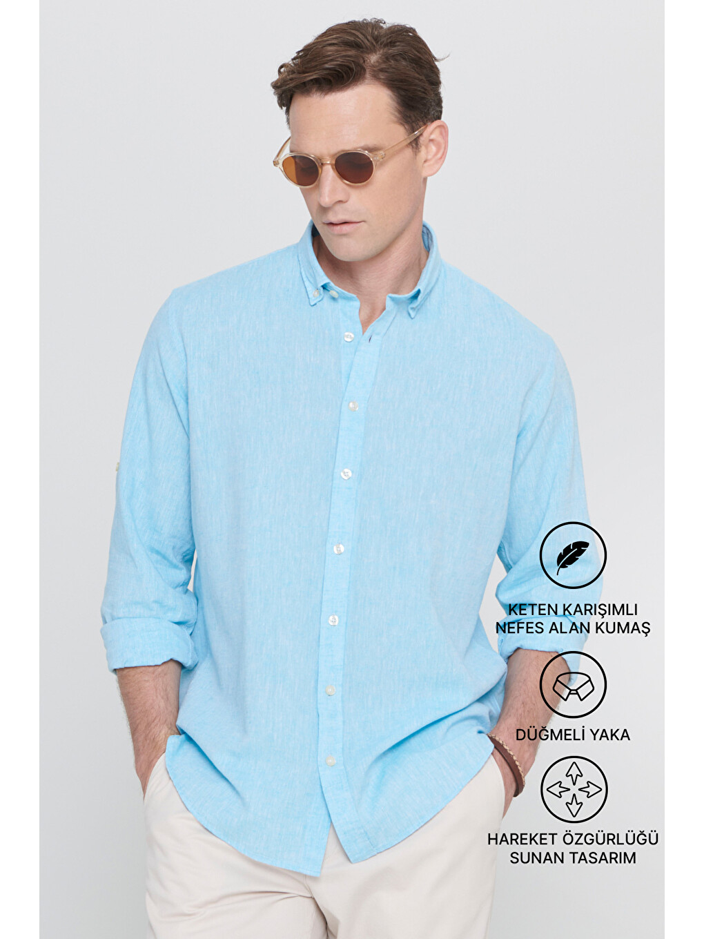 Erkek Turkuaz Comfort Fit Rahat Kesim Düğmeli Yaka Casual Keten Gömlek