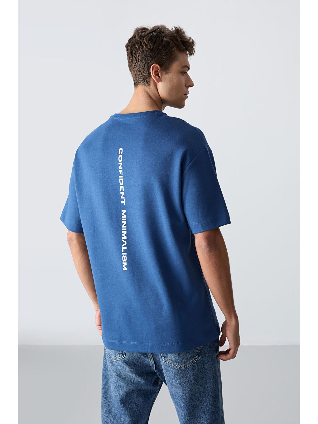 Mavi Pamuklu Kalın Yumuşak Dokulu Oversize Fit Baskılı Erkek Tişört - 88321-4