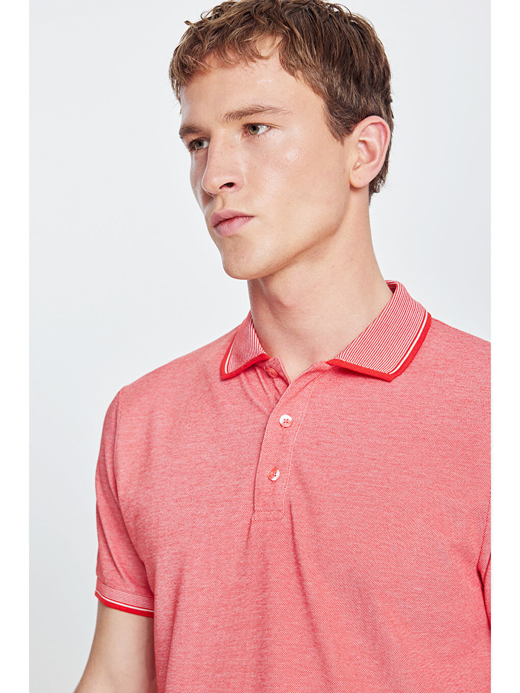 Kırmızı Erkek Nar Çiçeği-Beyz Slim Fit Dar Kesim Kıvrılmaz Polo Yaka Kısa Kollu Tişört-5