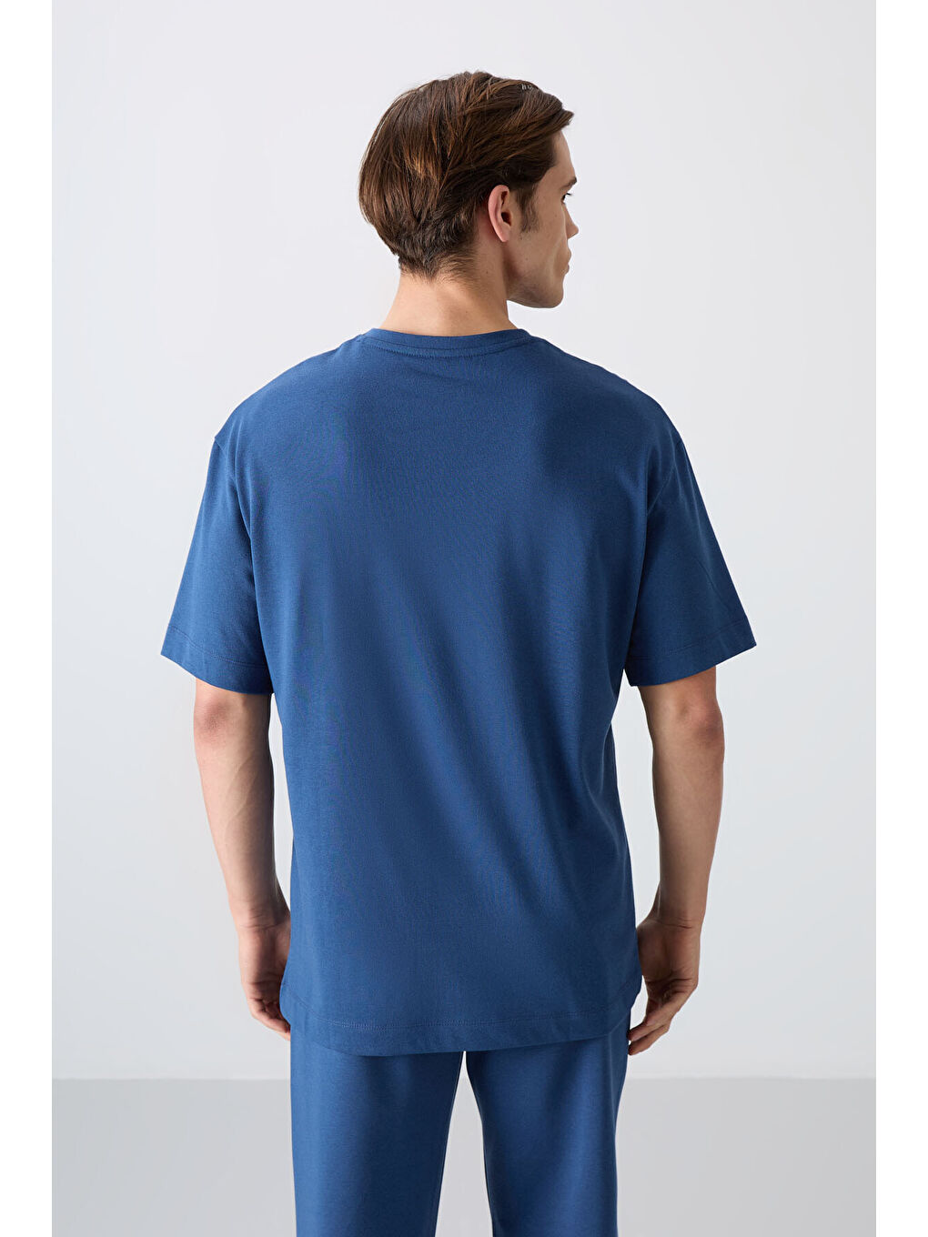 Mavi Pamuklu Kalın Yumuşak Dokulu Oversize Fit Baskılı Erkek Tişört - 88330-4