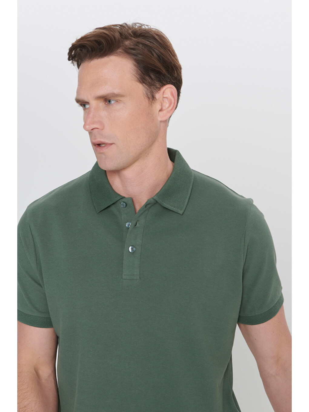 Erkek Haki Slim Fit Dar Kesim Polo Yaka %100 Pamuk Kısa Kollu Tişört-4