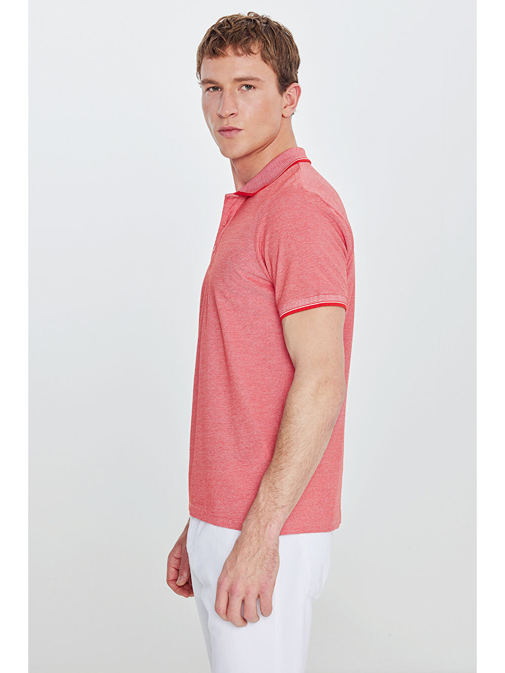 Kırmızı Erkek Nar Çiçeği-Beyz Slim Fit Dar Kesim Kıvrılmaz Polo Yaka Kısa Kollu Tişört-6