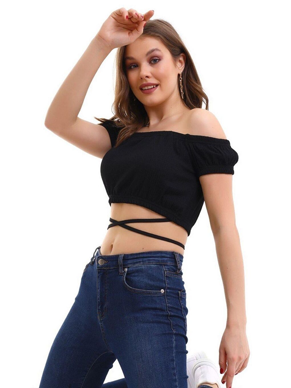 İp Bağlamalı Kısa Kollu Bürümcük Siyah Kadın Crop Bluz
