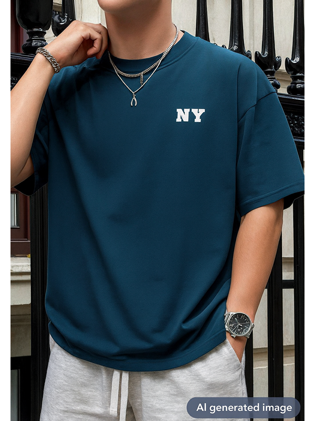 Petrol Mavisi NY Baskılı Oversize Erkek Kısa Kollu Tişört