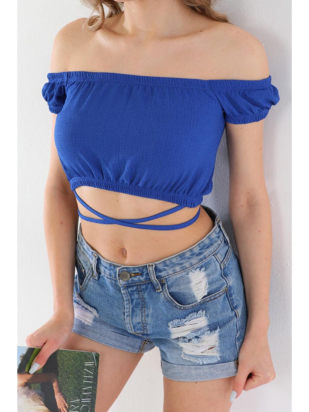 İp Bağlamalı Kısa Kollu Bürümcük Mavi Kadın Crop Bluz