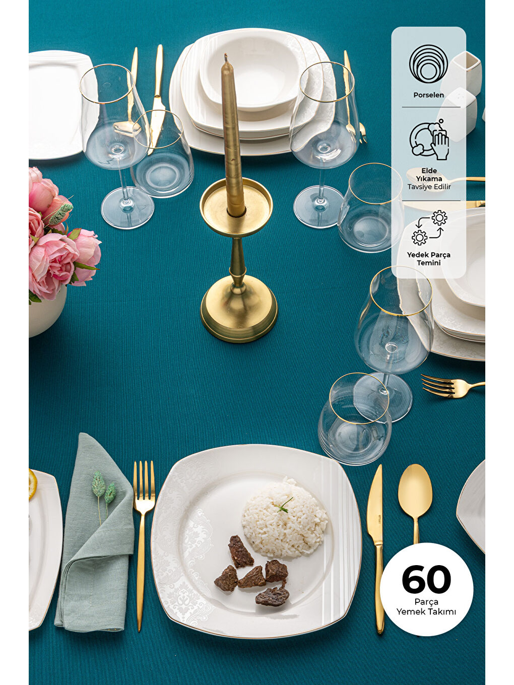 Beyaz Bone Yeni Nilüfer 60 Parça 12 Kişilik Yemek Takımı Yarım Kare-2