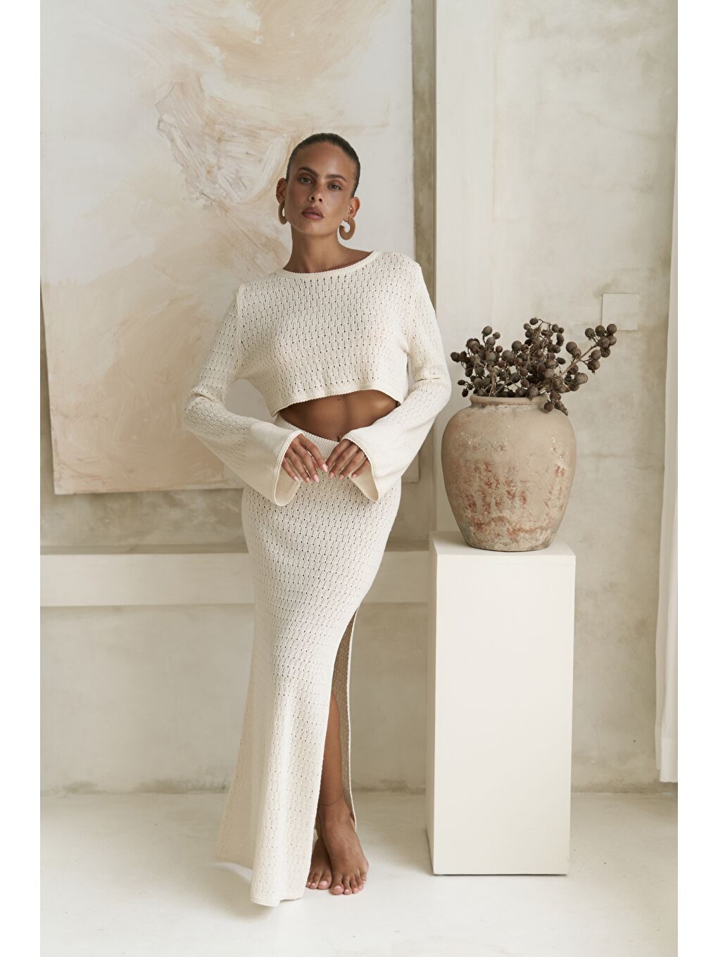 Wayhu Bisiklet Yaka Bej Triko Crop Etek Takım