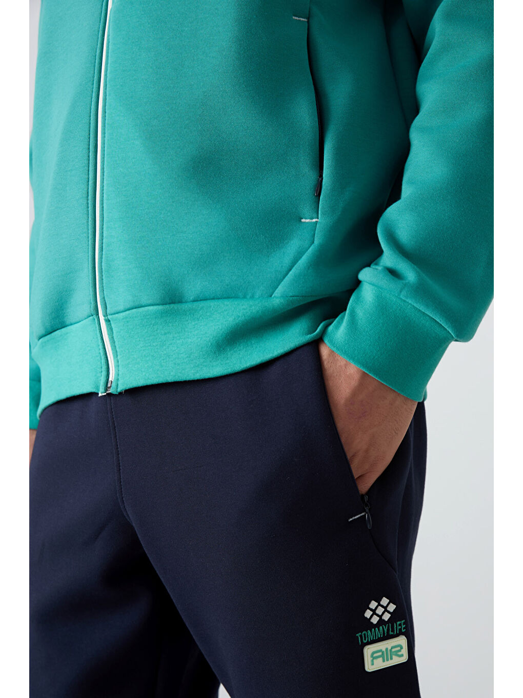 Lacivert Deniz Yeşili - İndigo Pamuklu Kalın Yumuşak Dokulu Comfort Fit Baskılı Erkek Eşofman Takım - 85236-2