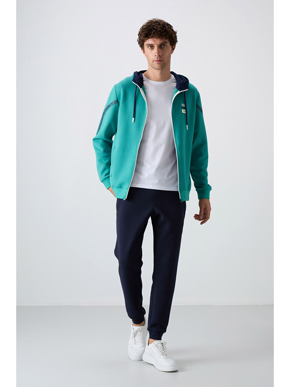 Lacivert Deniz Yeşili - İndigo Pamuklu Kalın Yumuşak Dokulu Comfort Fit Baskılı Erkek Eşofman Takım - 85236-3