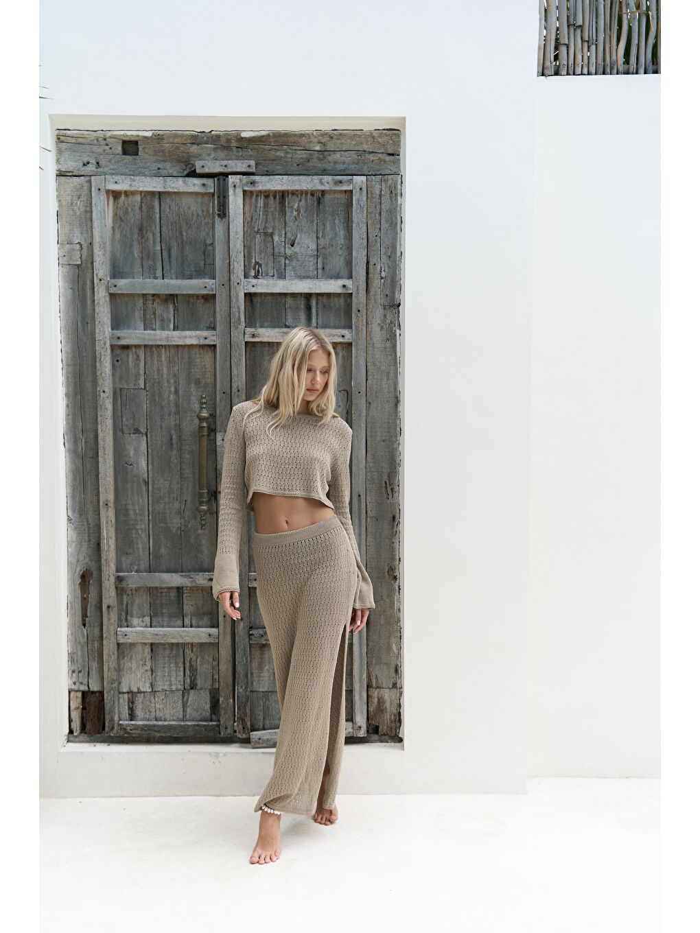 Bej Wayhu Bisiklet Yaka Vizon Triko Crop Etek Takım