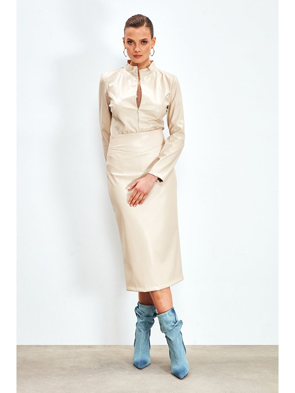 Bej Deri Kalem Etek - Taş-1