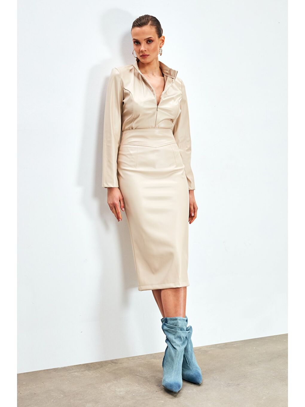 Bej Deri Kalem Etek - Taş-3