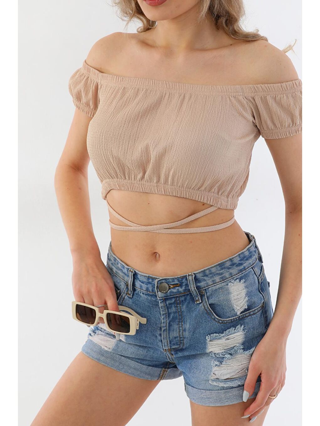 İp Bağlamalı Kısa Kollu Bürümcük Bej Kadın Crop Bluz-1